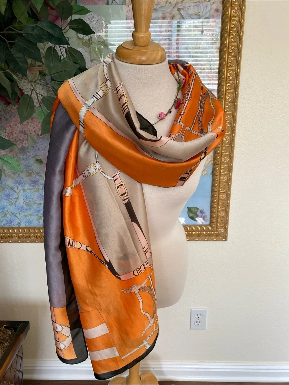 Vibrant Orange and Gray Decorative Bedding Scarf with Equestrian Print